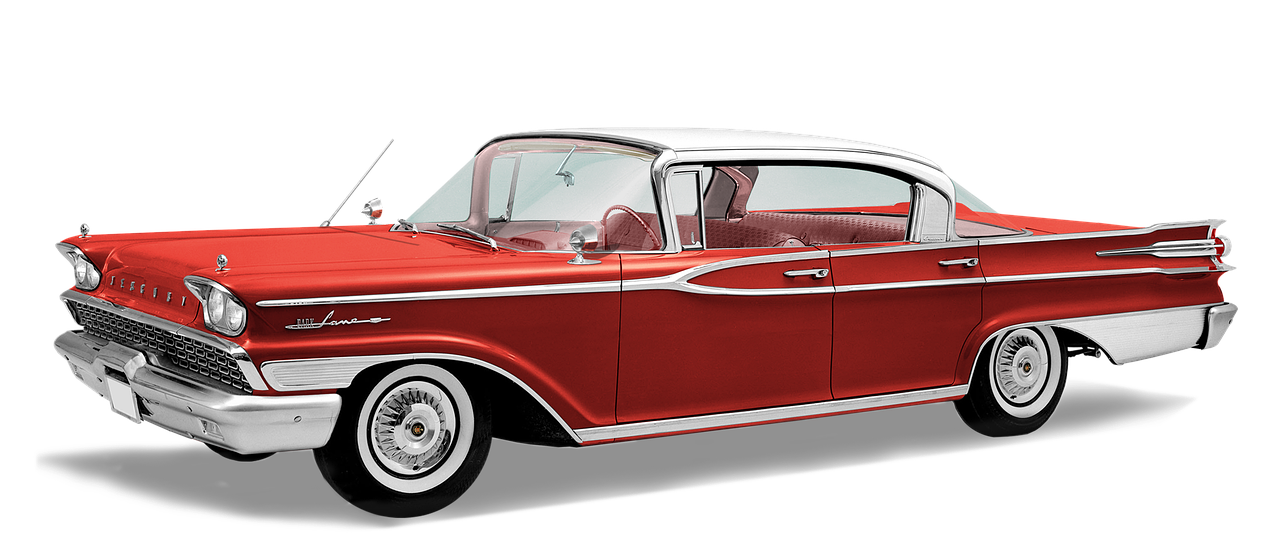 a red and white classic car on a black background, a digital rendering, by Dave Melvin, photo from the side, 15081959 21121991 01012000 4k, teals, in style of mike savad”