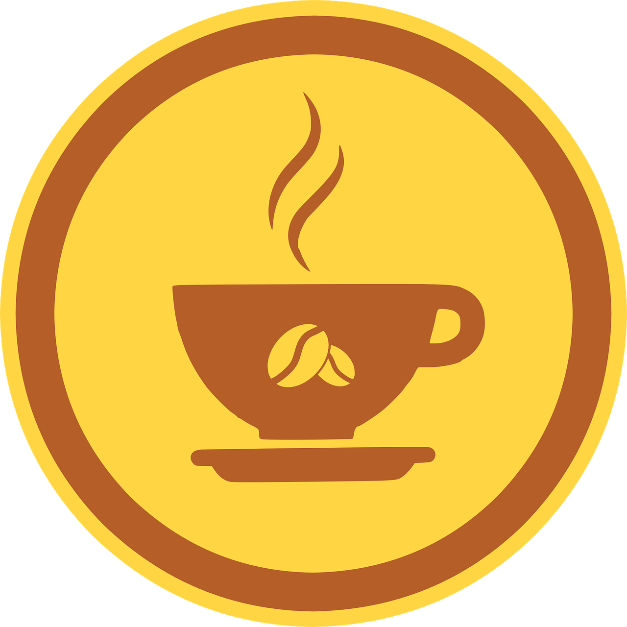 a coffee cup with coffee beans in it, a screenshot, inspired by Jürg Kreienbühl, pixabay, bauhaus, patch logo design, medal, yellow, round-cropped