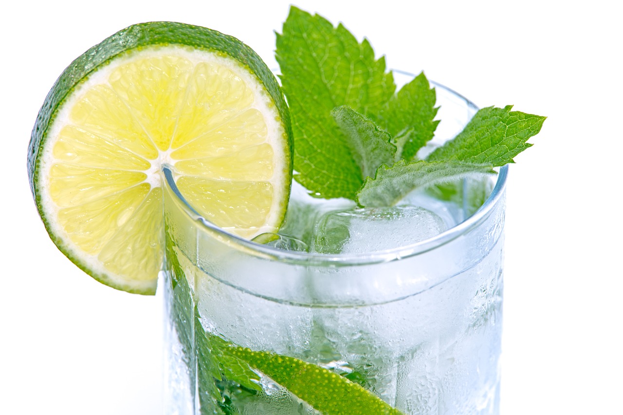a close up of a glass of water with a slice of lime, a digital rendering, by John Luke, renaissance, mint leaves, istockphoto, cold drinks, kiss