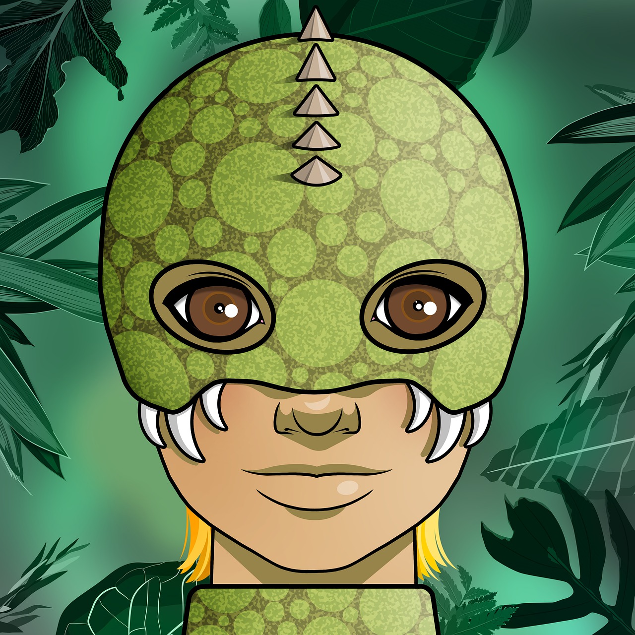 a close up of a person wearing a mask, a character portrait, inspired by Abidin Dino, deviantart contest winner, children\'s illustration, gorgeous jungle ranger, symmetrical digital illustration, scaly!!!