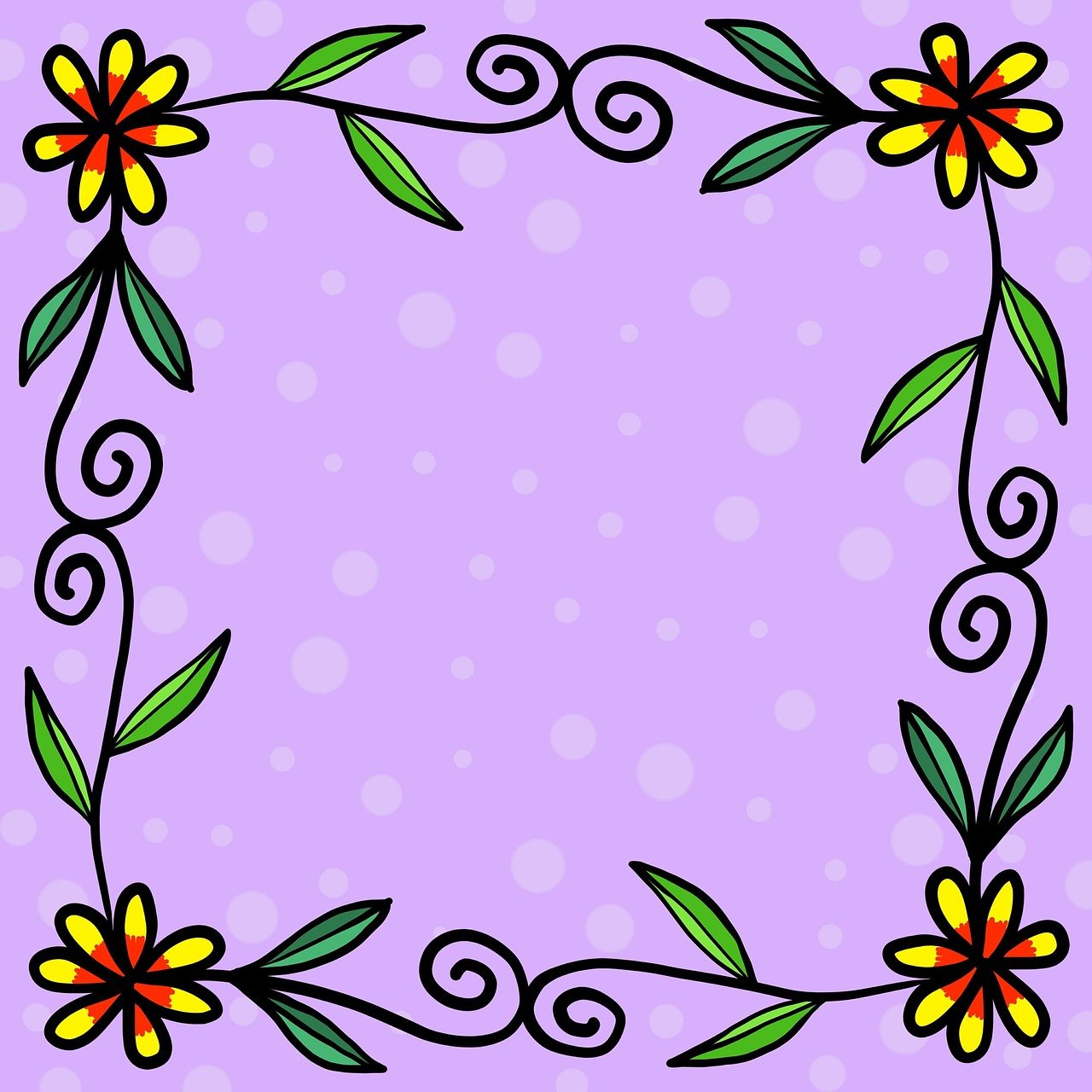 a frame with flowers and leaves on a purple background, cartoonish cute, black outlines, colored dots, computer generated