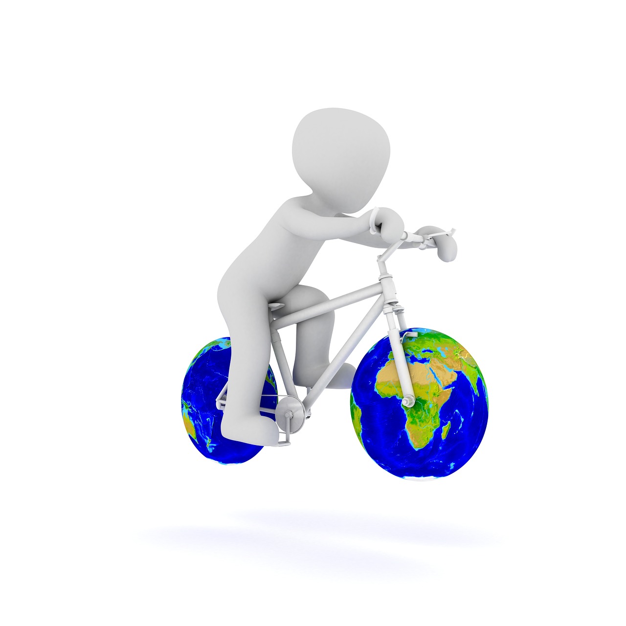 a person riding a bike around the world, a picture, realism, 3 d rendered, white background, clean photo, maintenance photo