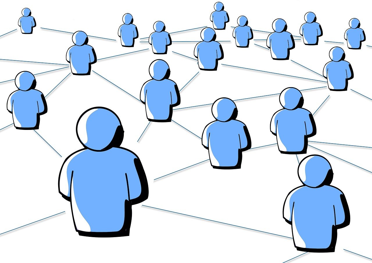 a group of people standing around each other, an illustration of, by Julian Allen, reddit, computer network, only head and shoulders, wikimedia commons, threads