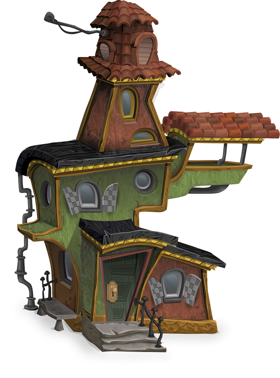 a green and brown house with a clock tower, inspired by Luigi Kasimir, polycount contest winner, top - side view, day of the tentacle, monochrome 3 d model, brilliantly colored