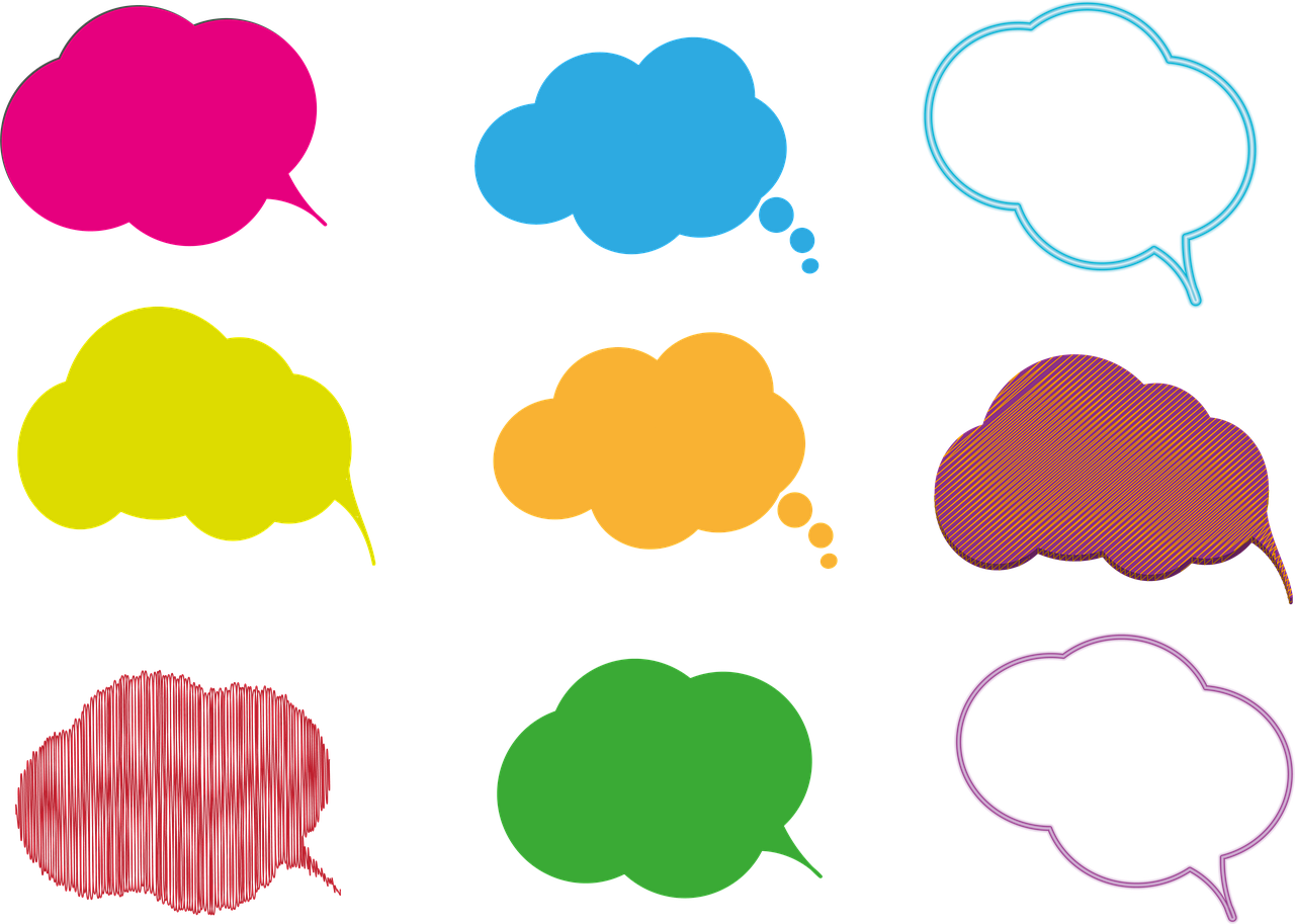 a bunch of colorful speech bubbles on a black background, inspired by Milton Glaser, istockphoto, volume clouds, contemplating, tanks