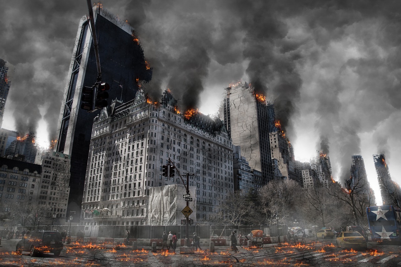 a city filled with lots of tall buildings, inspired by Zack Snyder, digital art, destroyed city on fire, gandalf attacks the white house, intense dramatic hdr, sandy