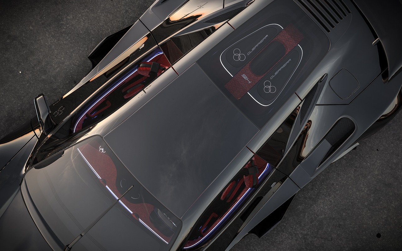a silver sports car parked in a parking lot, concept art, by Etienne Delessert, conceptual art, volumetric lighting from above, black and red scheme, body covers with neon crystals, transparent black windshield