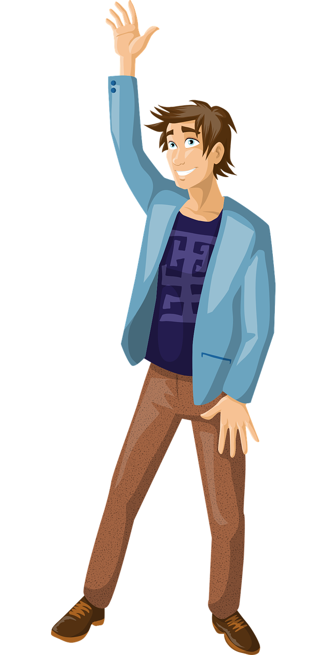 a man waving his hand in the air, digital art, inspired by Miyamoto, kawaii shirt and jeans, wikihow illustration, wearing a fancy jacket, very very low quality picture