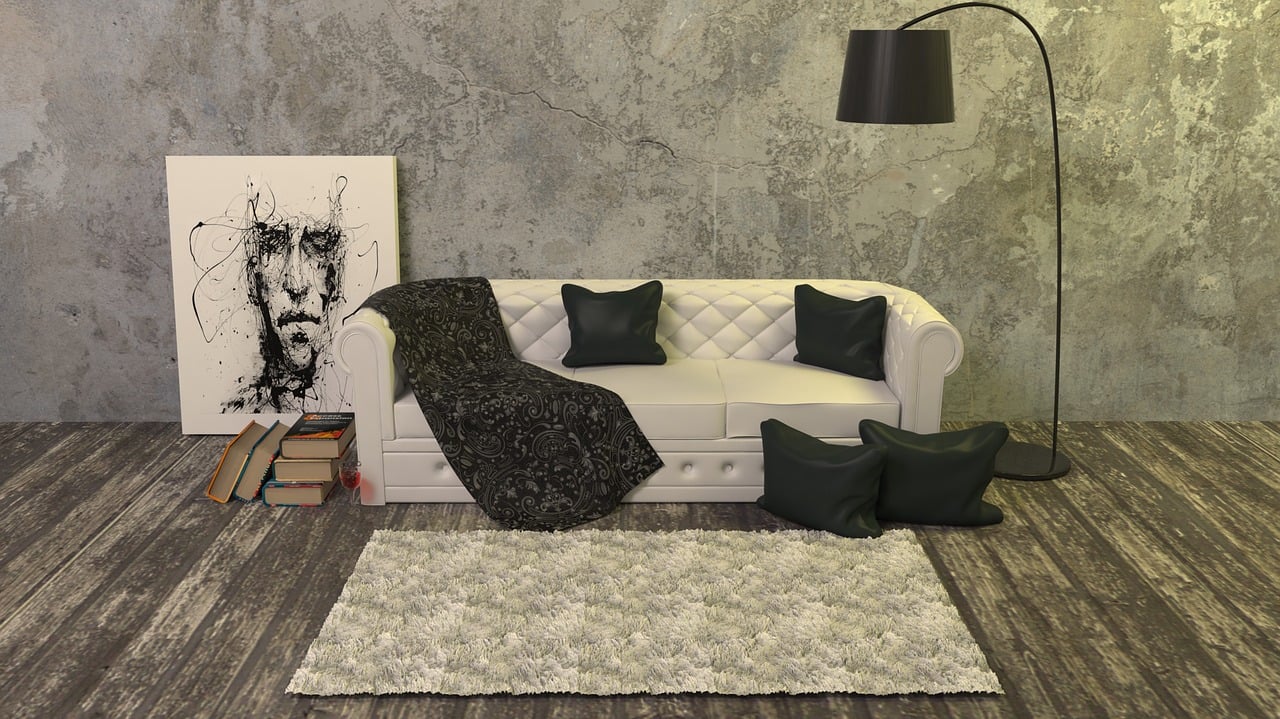 a white couch sitting on top of a wooden floor, a 3D render, inspired by Dennis Miller Bunker, modernism, rugs, ivory and black marble, detailed portrait, cushions