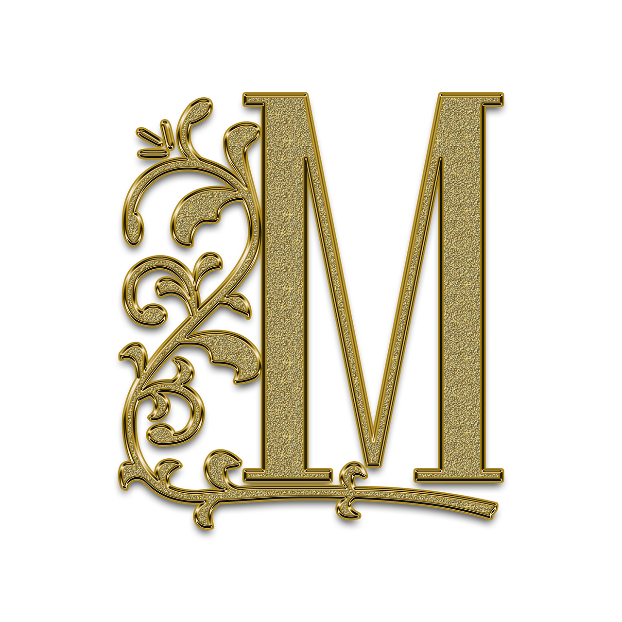 a gold letter m on a black background, a digital rendering, art nouveau, medieval manuscript, close portrait, trim, mansion