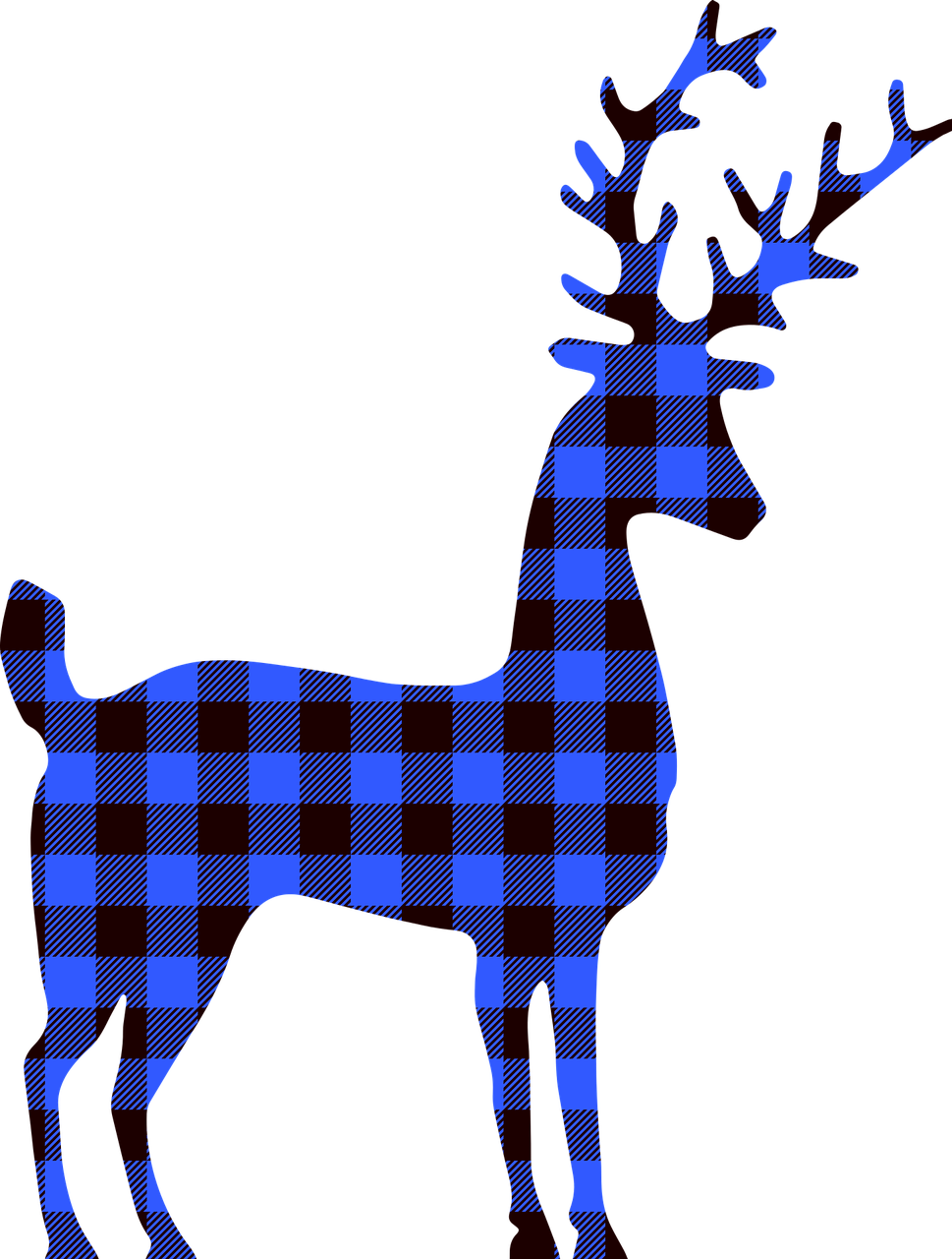 a reindeer is silhouetted against a black background, a digital rendering, inspired by Rudolph Belarski, folk art, blue checkerboard background, transparent background, blue image, lumberjack flannel