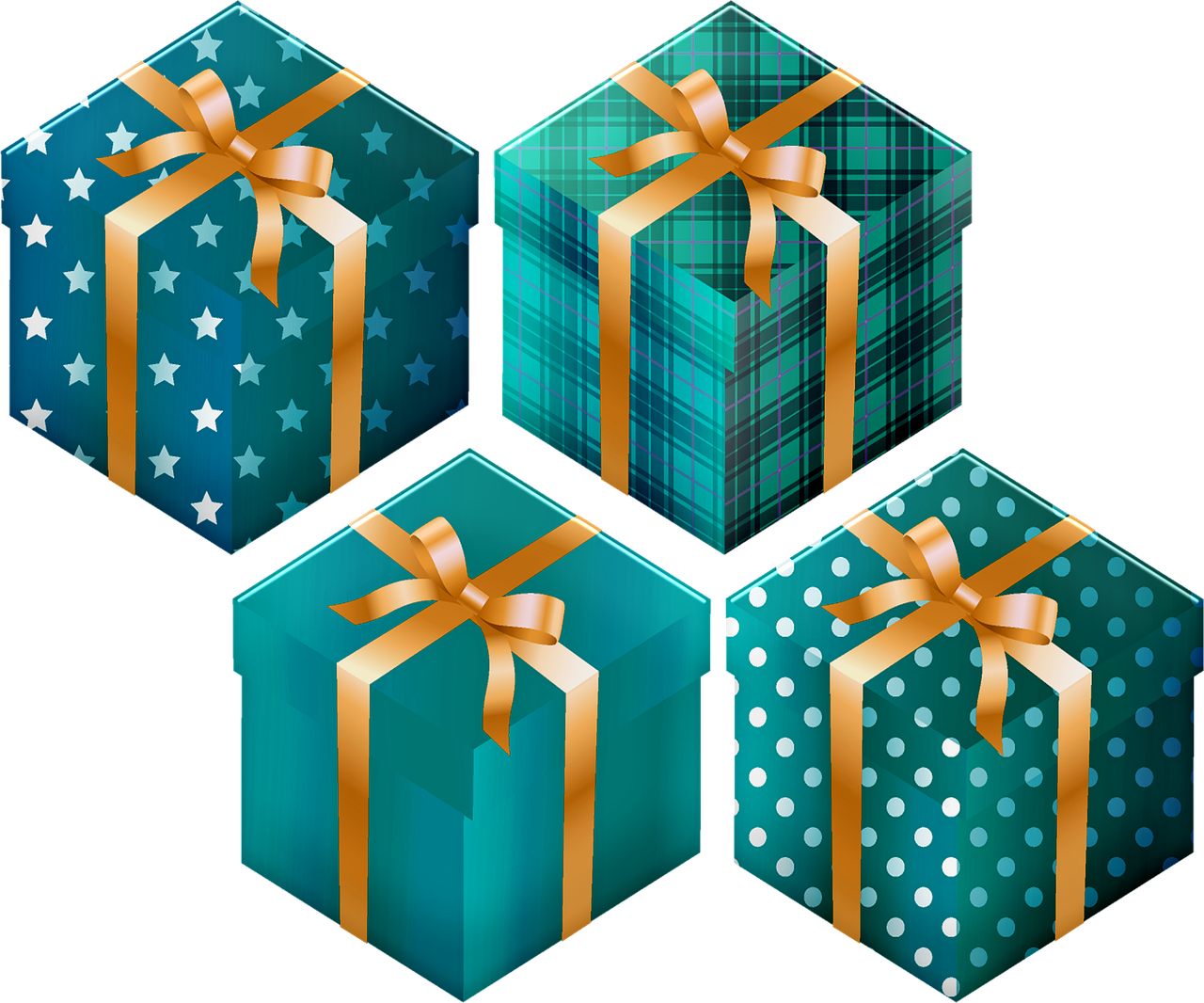 a set of three gift boxes with bows and stars, a digital rendering, sōsaku hanga, cyan and gold scheme, checkered pattern, four, crystal