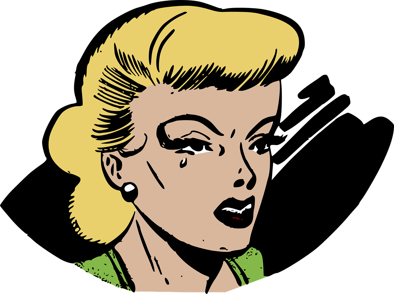 a woman with a surprised look on her face, a comic book panel, by Lichtenstein, pixabay, with tears, black canary, on black background, cruel green-eyed