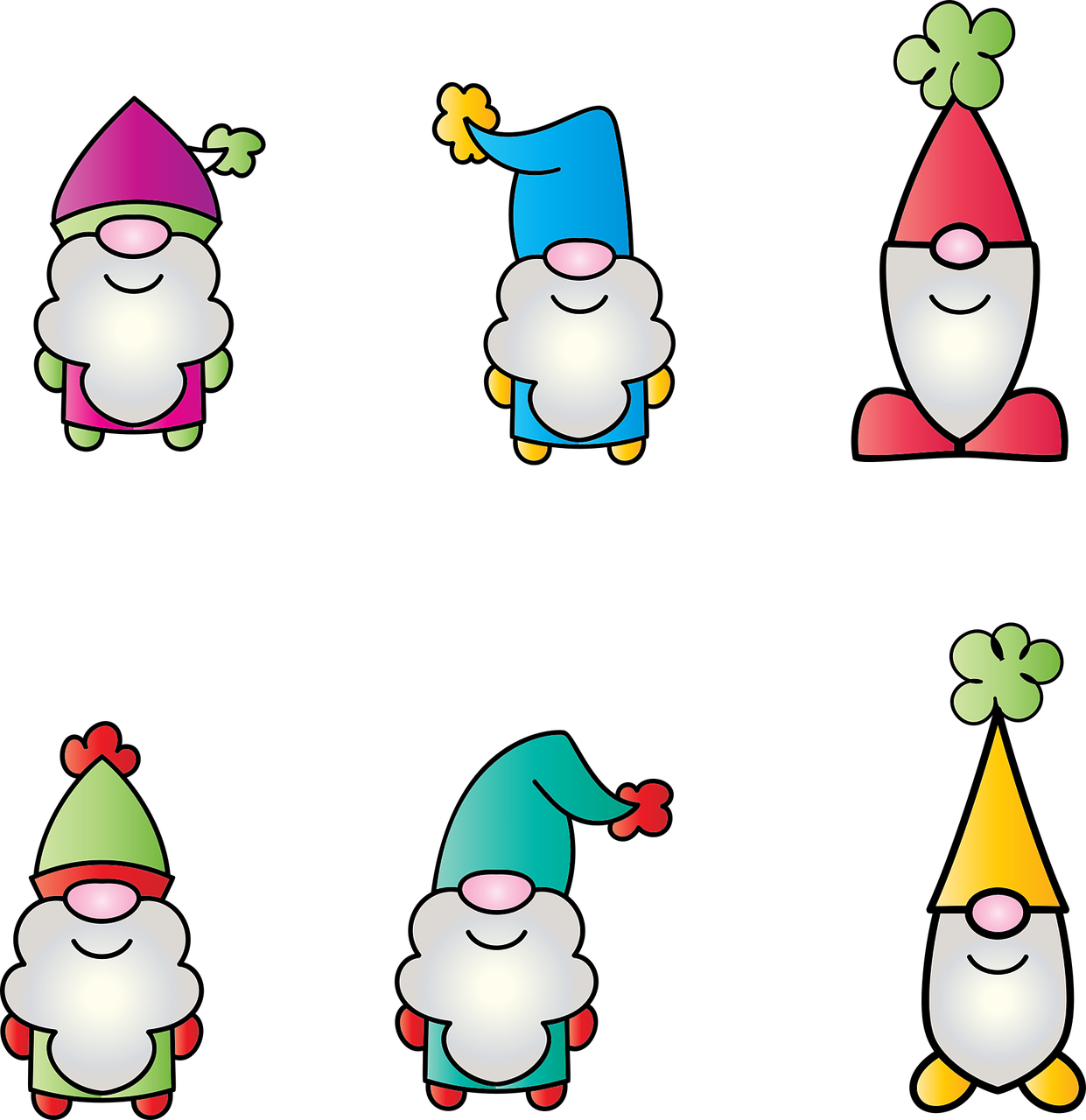 a group of cartoon gnomes standing next to each other, vector art, deviantart, art nouveau, on black paper, flower elements, tileable, mascot illustration