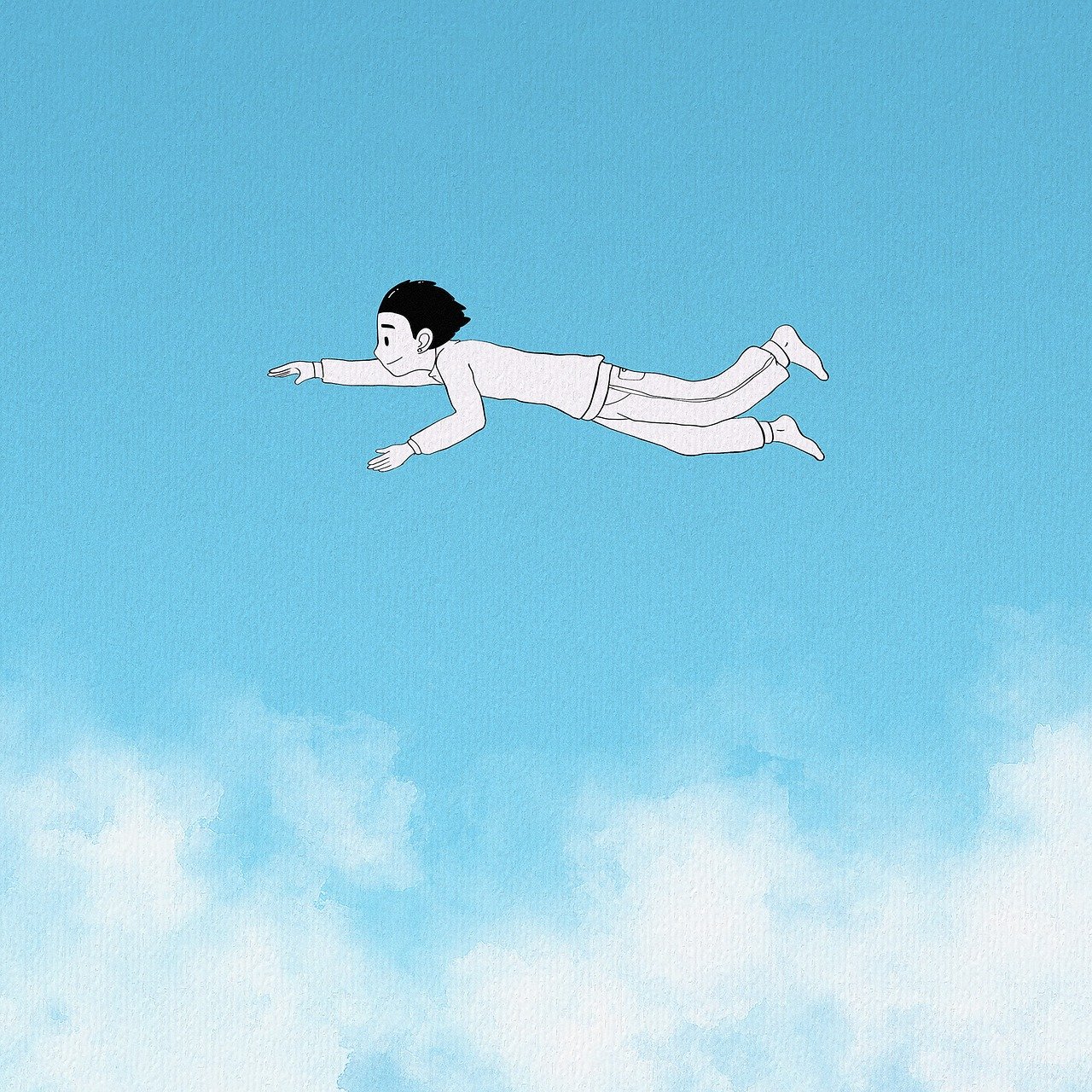 a drawing of a person floating in the sky, conceptual art, japanese cartoon style, wikihow illustration, detailed 2d illustration, boy