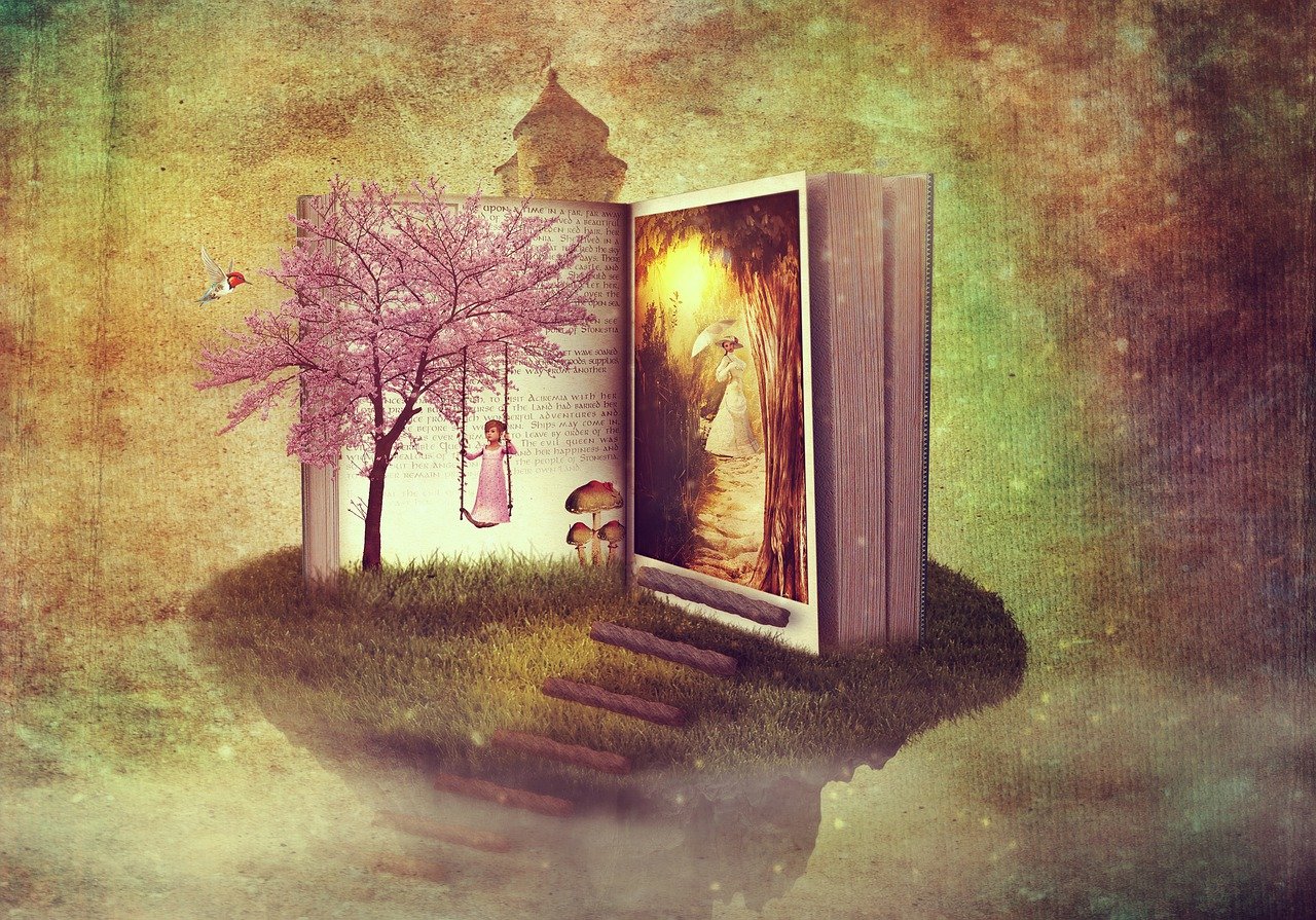 an open book sitting on top of a lush green field, a storybook illustration, magical realism, mixed media style illustration, open portal to another dimension, a beautiful artwork illustration, sweet artpiece