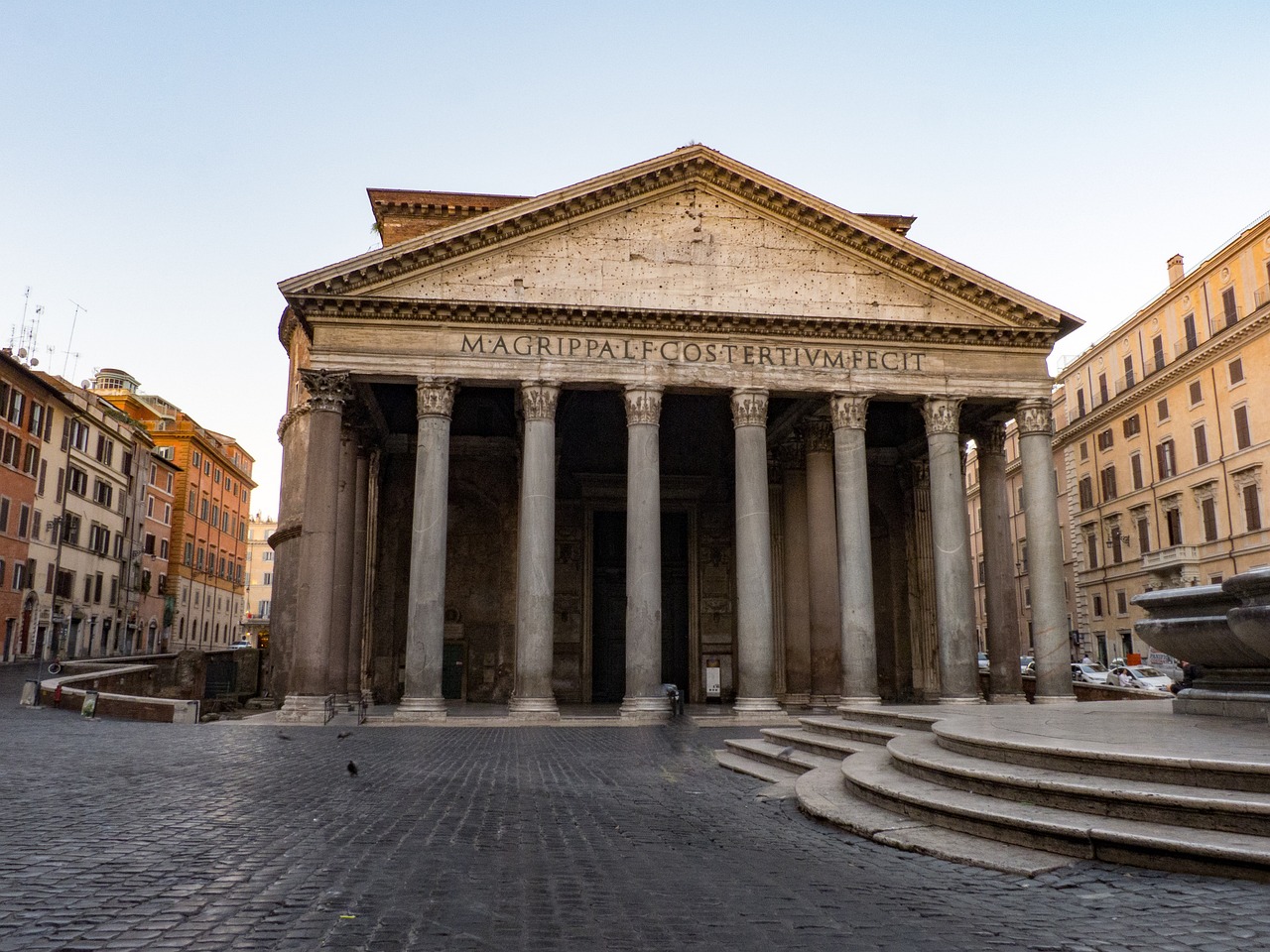 a large building with a fountain in front of it, by Carlo Martini, shutterstock, neoclassicism, pantheon, gigantic pillars, hut, ground - level medium shot