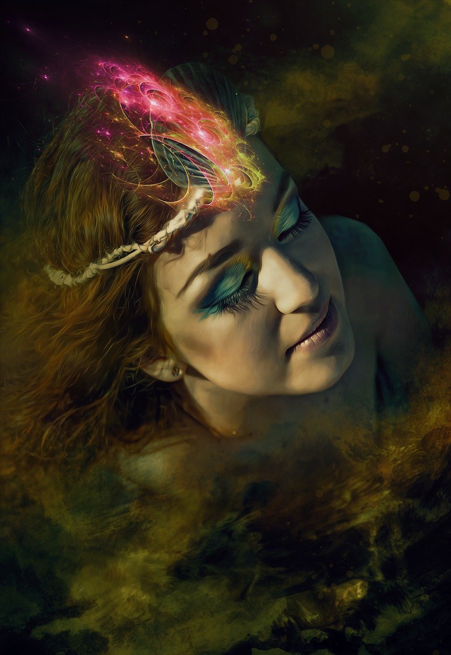 a woman with a crown on top of her head, by Anna Dittmann, shutterstock, psytrance, realistic colorful photography, high quality fantasy stock photo, she is attracting lightnings