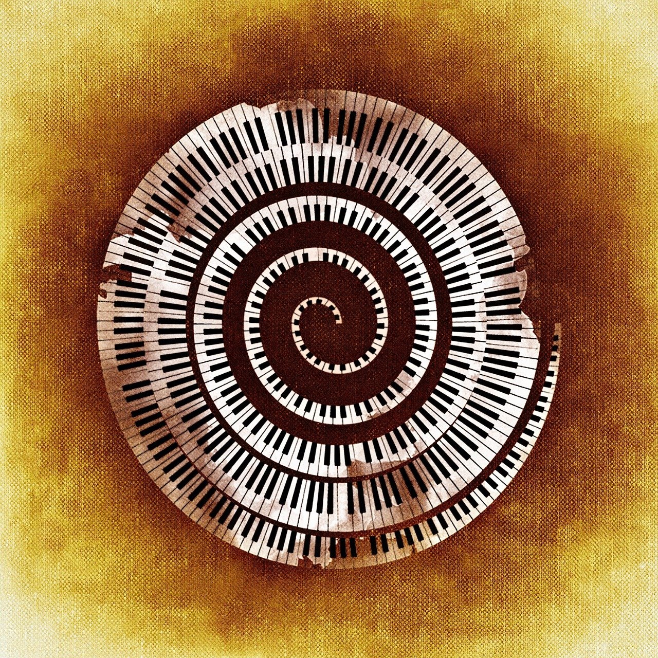 a picture of a spiral made of piano keys, an album cover, inspired by Pál Böhm, art deco, steampunk!!!! grainy texture, a beautiful artwork illustration, aum, pianist