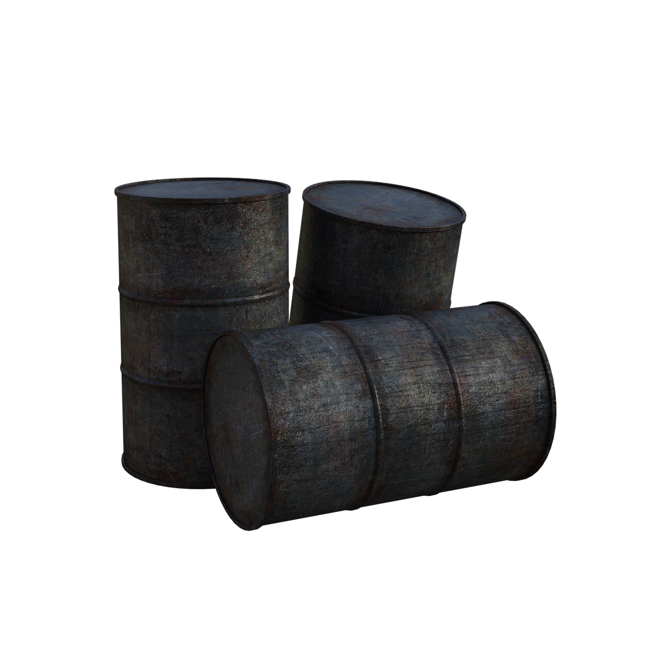 three metal barrels sitting next to each other, polycount, dau-al-set, on black background, rusted steel, high detail product photo