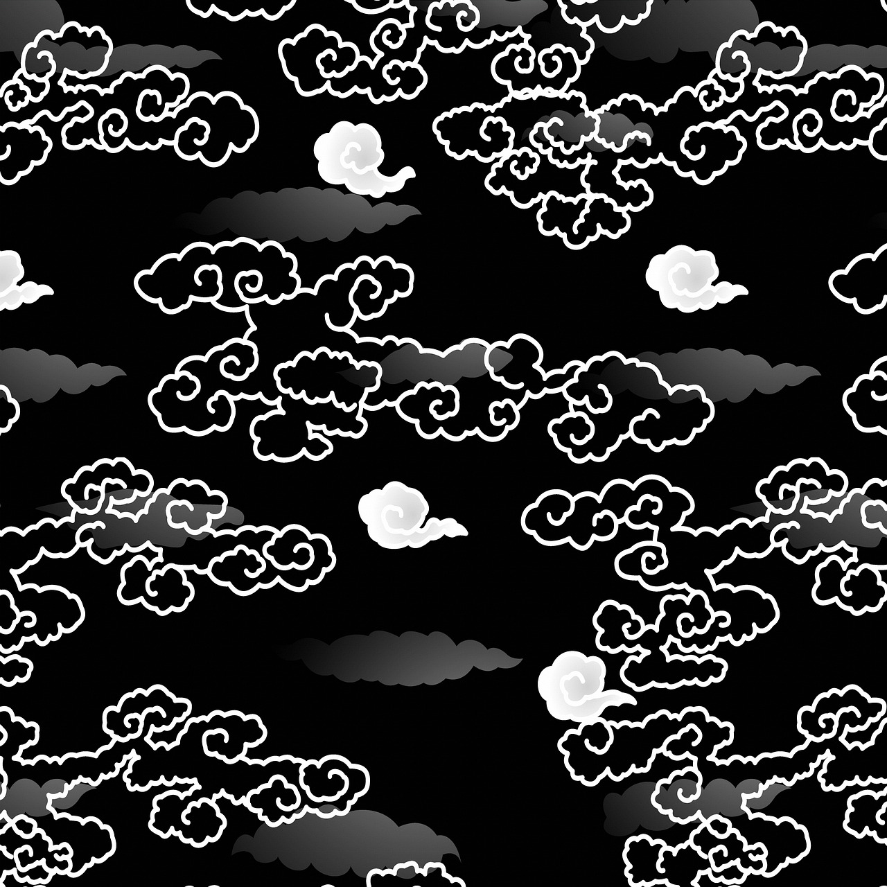 a black and white photo of clouds in the sky, lineart, inspired by Katsushika Ōi, sōsaku hanga, oriental wallpaper, with a black dark background, made with illustrator, drawn in microsoft paint