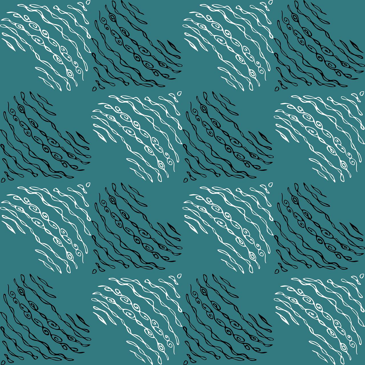 a pattern of black and white waves on a teal blue background, a digital rendering, inspired by Alesso Baldovinetti, bird view, textile print, houdini algorhitmic pattern, muted green