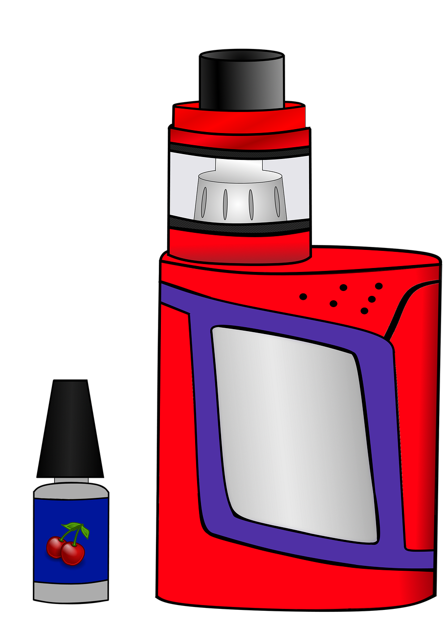 a red electronic device next to a bottle of liquid, vector art, digital art, vapor, front portrait, tanks, colored