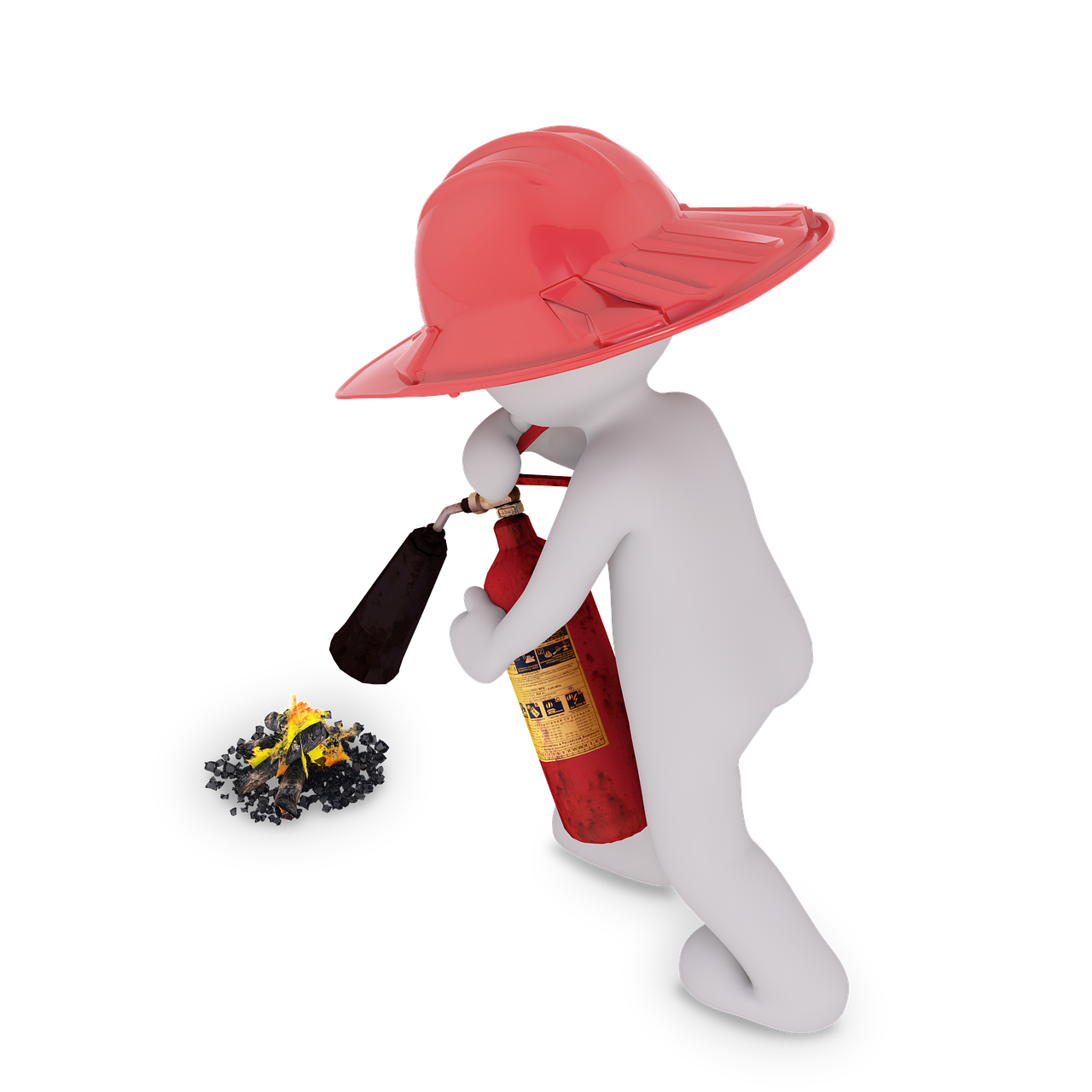 a cartoon character holding a fire extinguisor, a digital rendering, by John Armleder, pixabay, pregnancy, houdini 3 d render, miniature product photo, he is wearing a hat