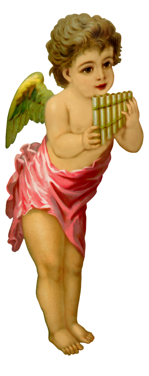 a painting of an angel playing a flute, a renaissance painting, inspired by Raphael, pink, high-body detail, thiago lehmann, palm