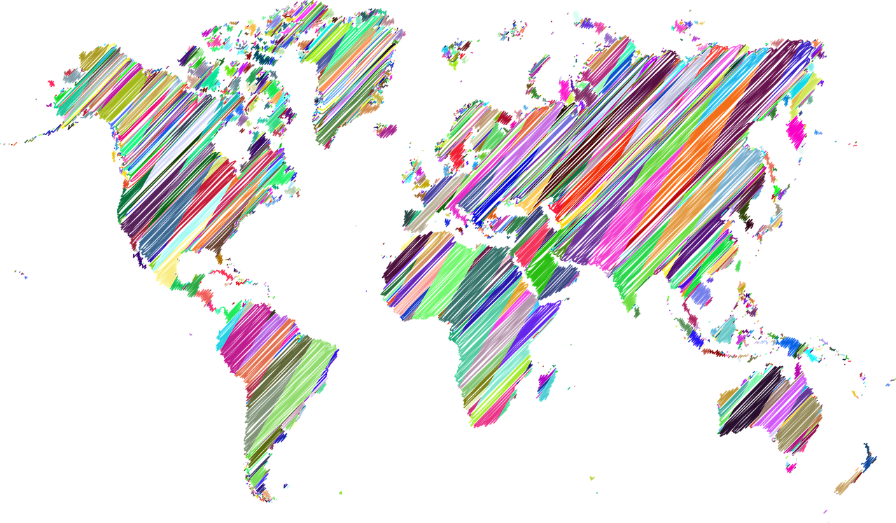 a colorful map of the world on a black background, a digital rendering, generative art, glitchy, ultra fine colored inking lines, 4k high res, glitched pattern