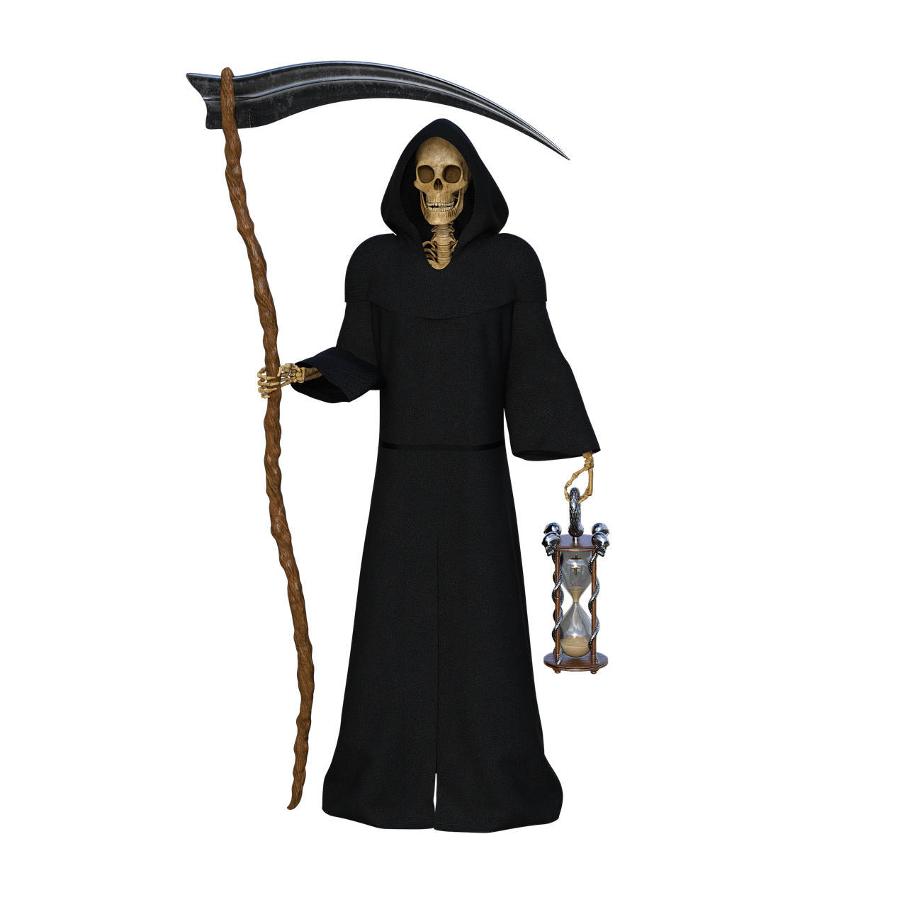 a person in a black robe holding a scythe, a digital rendering, highly detailed skeleton, realistic 3d model, with a black background, 1128x191 resolution