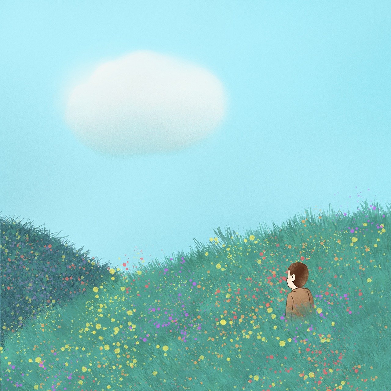 a painting of a person in a field of flowers, a digital painting, by Maki Haku, deviantart contest winner, children's book illustration, distant clouds, simple illustration, hillside