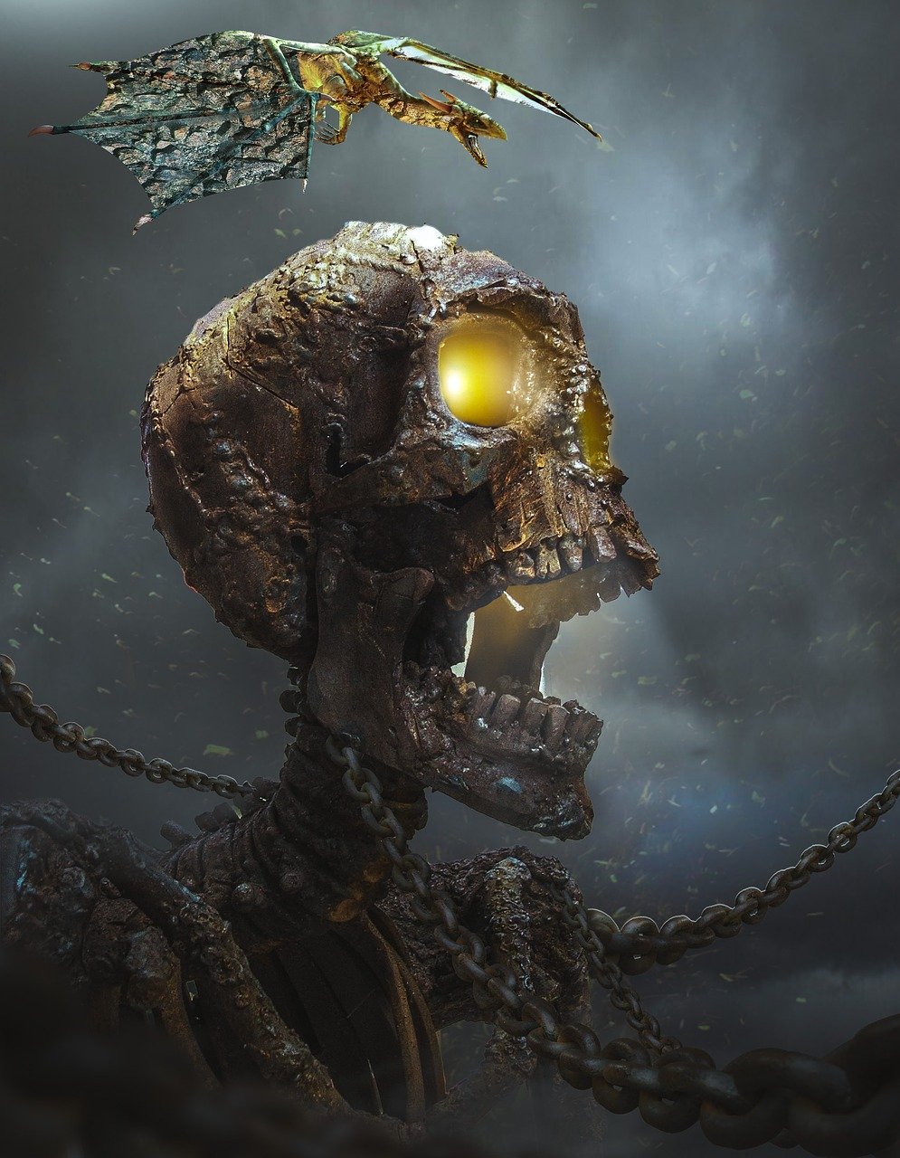 a skull with a bird sitting on top of it, concept art, digital art, cycles render 4k, robot monster in background, portrait of a zombie, metal and glowing eyes