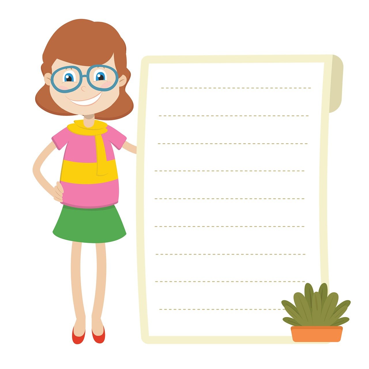 a girl holding a piece of paper next to a potted plant, a picture, conceptual art, cute cartoon character, with glasses, school curriculum expert, pregnancy