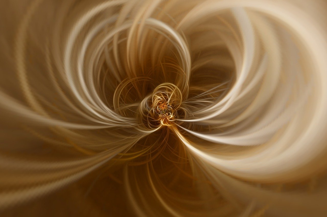 a computer generated image of a spiral design, digital art, golden hour firefly wisps, intricate hyperdetail macrophoto, fractal hair, flowing silk sheets