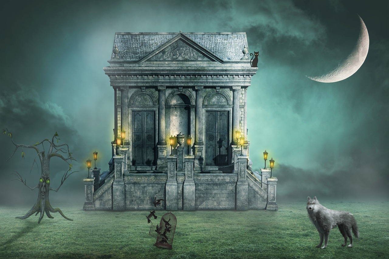 a dog that is standing in front of a building, a matte painting, by Ivana Kobilca, pixabay contest winner, digital art, goddess of death in a graveyard, haunted green swirling souls, an altar of a temple, high quality fantasy stock photo