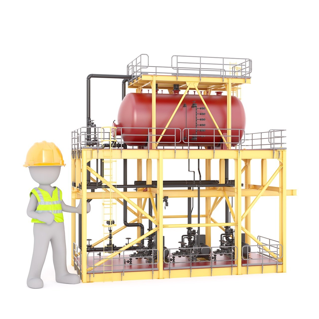 a man in a hard hat standing next to a large tank, a picture, plasticien, smoth 3 d illustration, worksafe. illustration