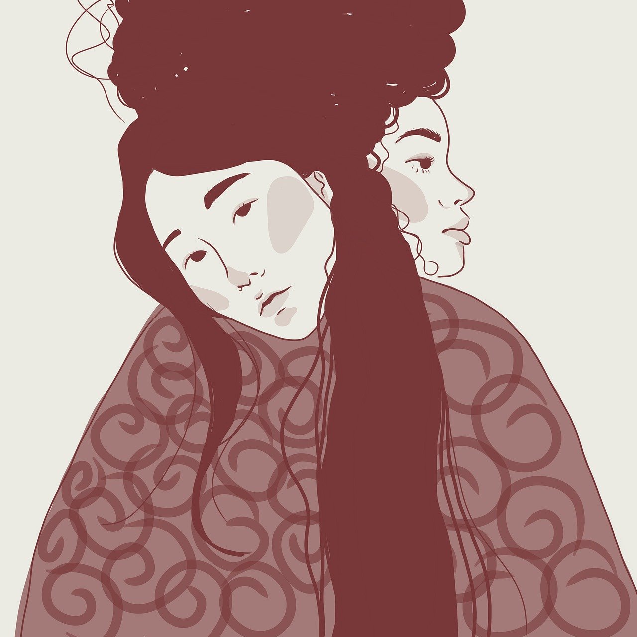 a couple of women standing next to each other, vector art, by Conrad Roset, art nouveau, detailed face of a asian girl, done in the style of caravaggio, tonalism illustration, unfinished