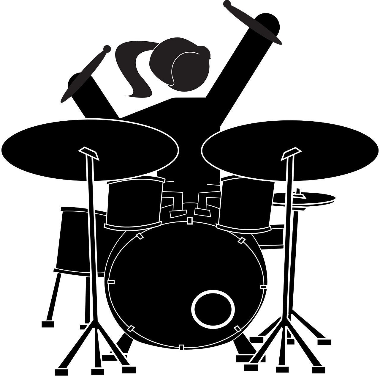 a black and white drawing of a drum set, an album cover, by Jim Davis, pixabay, figuration libre, fun pose, tshirt design, colored accurately, uncompressed png
