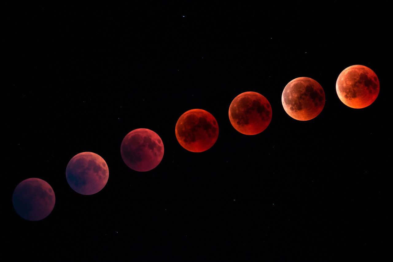 a line of blood moon eclipses in the night sky, a picture, by Anna Haifisch, 3 0 0, white and blood color scheme, bts, rubies