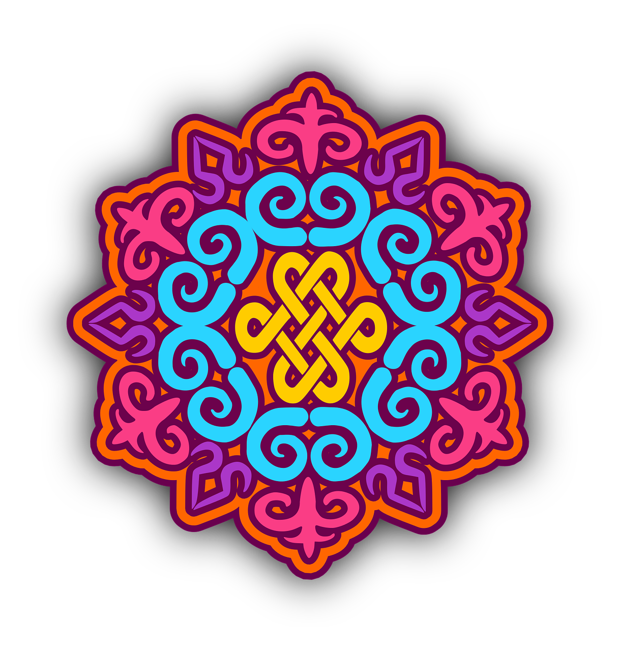 a colorful design on a black background, vector art, by Andrei Kolkoutine, shutterstock, cloisonnism, celtic knot, intricate details illustration, neon art style, mongolia