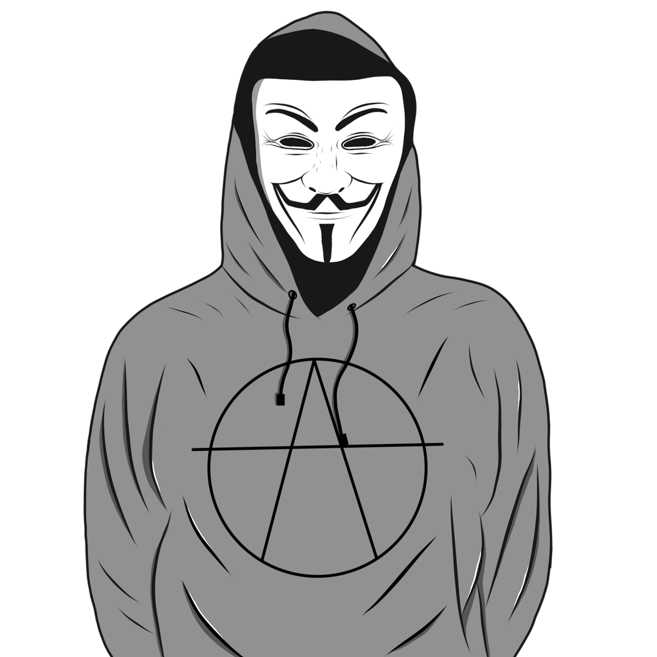 a guy wearing a mask and a hoodie, vector art, sots art, anarchy, very minimal vector art, on a gray background, anonymous