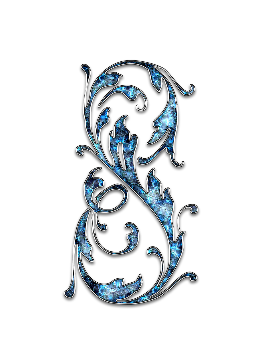 a close up of the letter s on a black background, a digital rendering, art nouveau, fractal blue leaves, in style of chrome hearts, beautiful glass work, marbled swirls