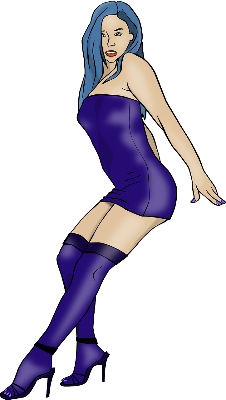 a woman in a purple dress and thigh high boots, lineart, inspired by INO, deviantart contest winner, violet tight tanktop, wearing blue dress, playboy bunny, view(full body + zoomed out)