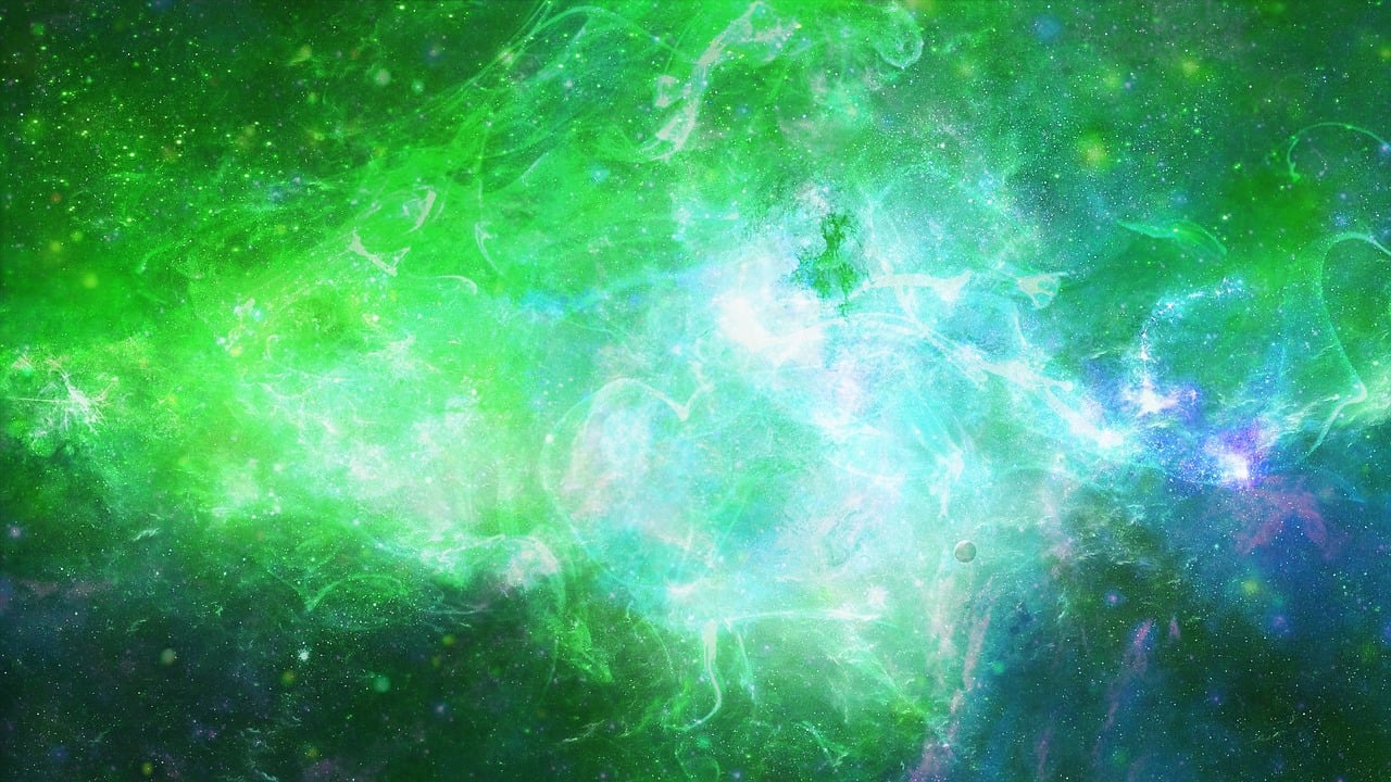 a green and blue space filled with lots of stars, digital art, glowing holy aura, colorful torn nebulas, green wallpaper background, white glowing aura