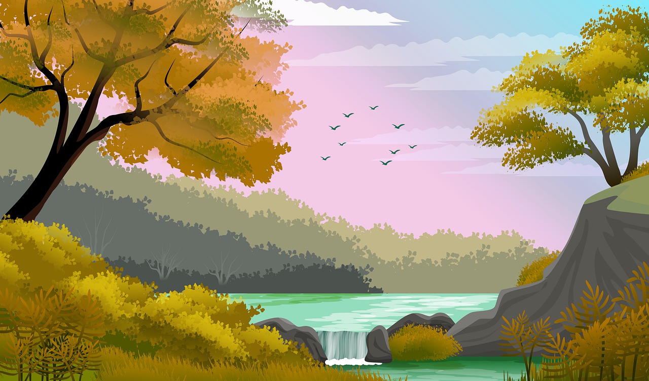 a river flowing through a lush green forest, a digital painting, inspired by Eyvind Earle, digital art, autumn background, pink tree beside a large lake, flying birds in the distance, rocky lake shore