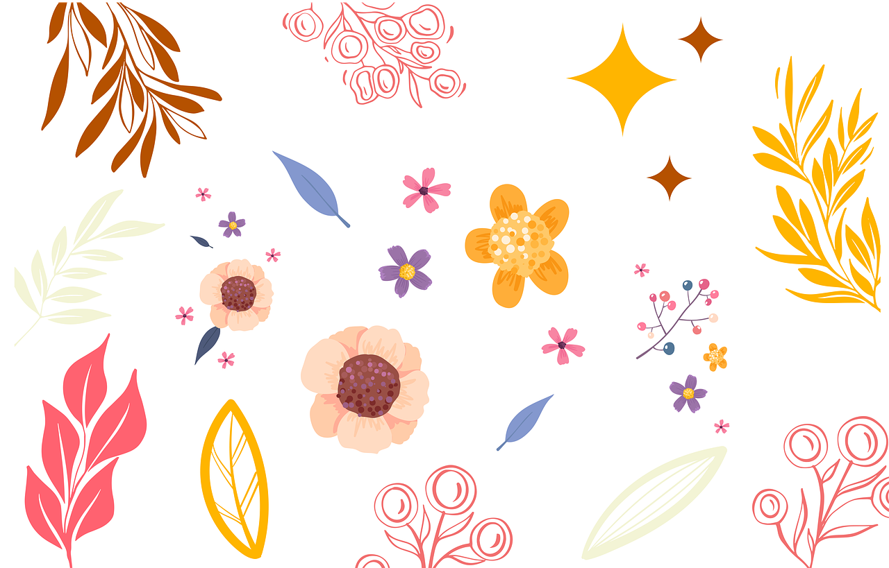 a bunch of different colored flowers on a white background, inspired by Katsushika Ōi, 🍂 cute, stars and paisley filled sky, background image, wind blows the leaves