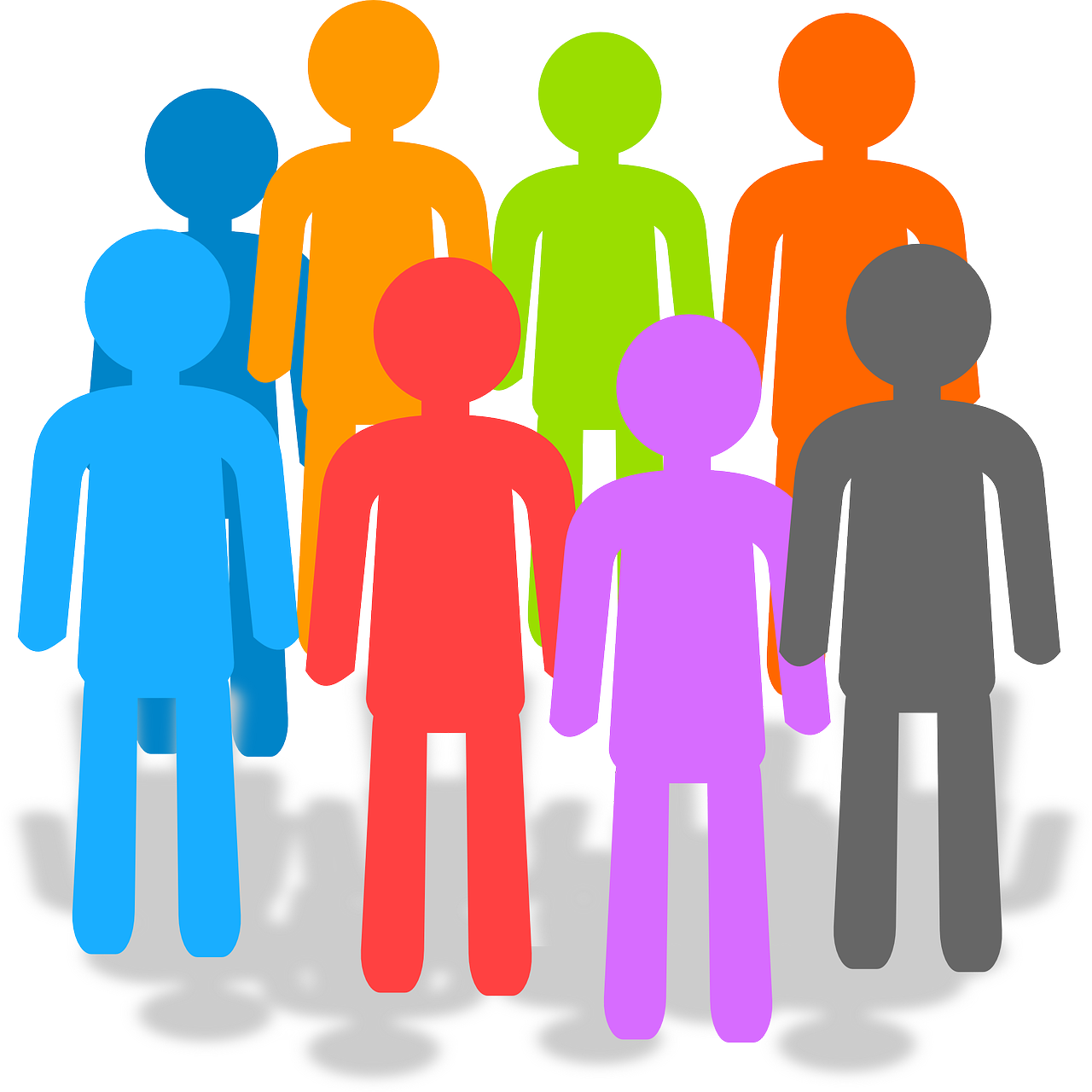 a group of people standing in a circle, a digital rendering, by David Burton-Richardson, pixabay, [ colourful, 1 male, single flat colour, detailed picture