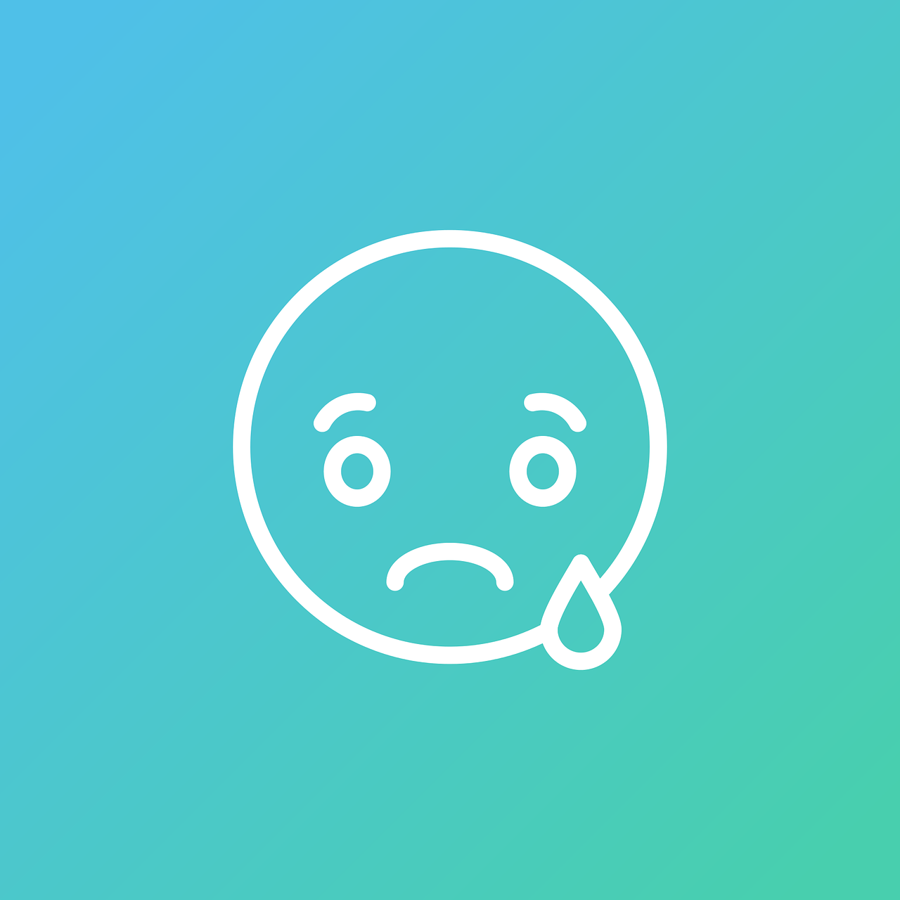 a sad face with a tear coming out of it, minimalism, flat color and line, teal color graded, avatar image, complaints