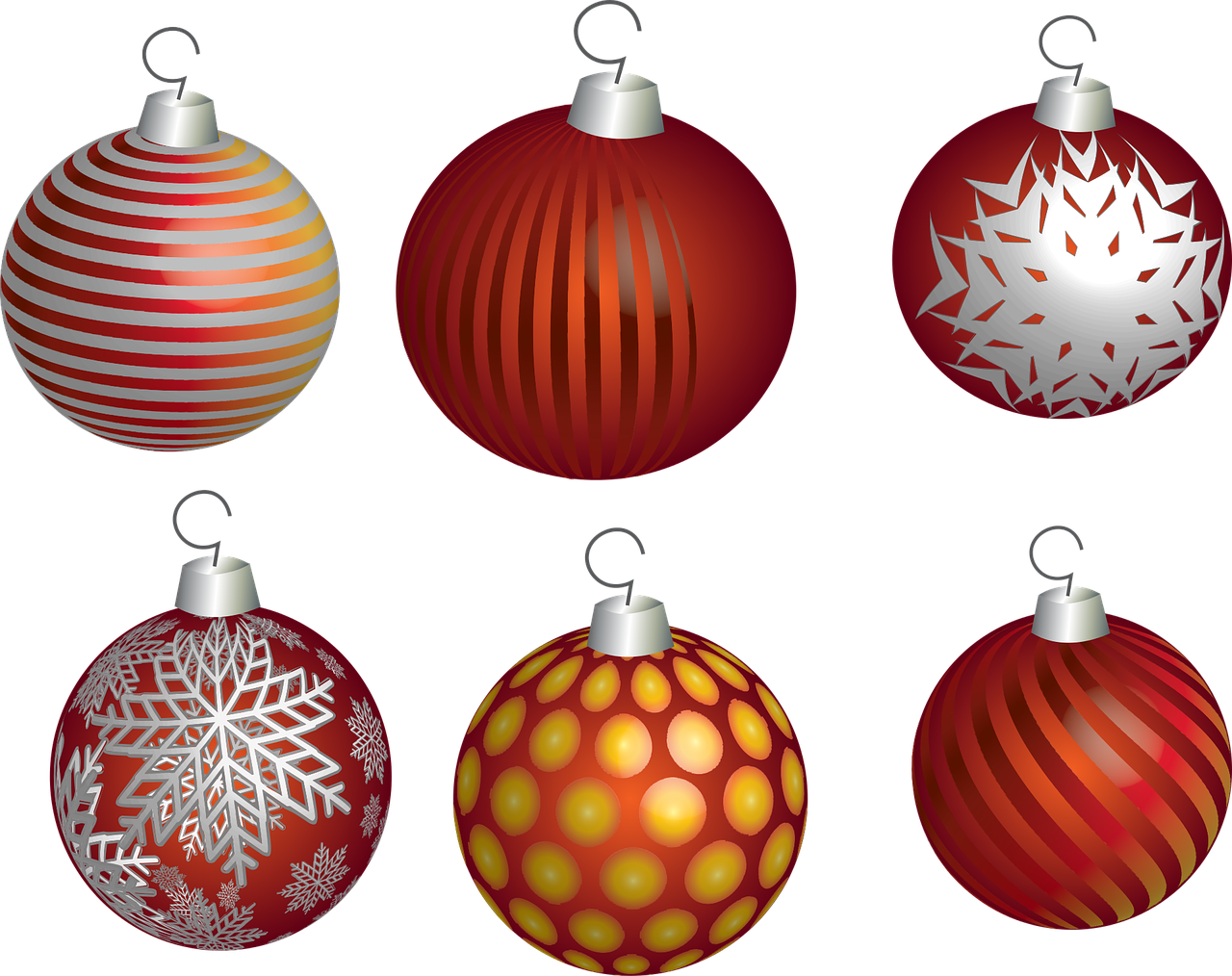 a set of six christmas ornaments on a black background, vector art, process art, high res, orange red black white, raytracting, vector graphics
